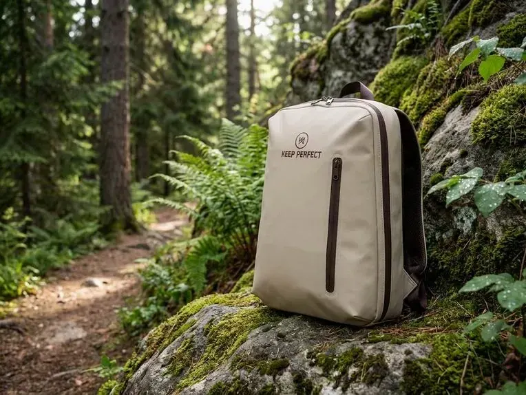 Waterproof hiking backpack with hip belt and side compression straps standing among wet ferns