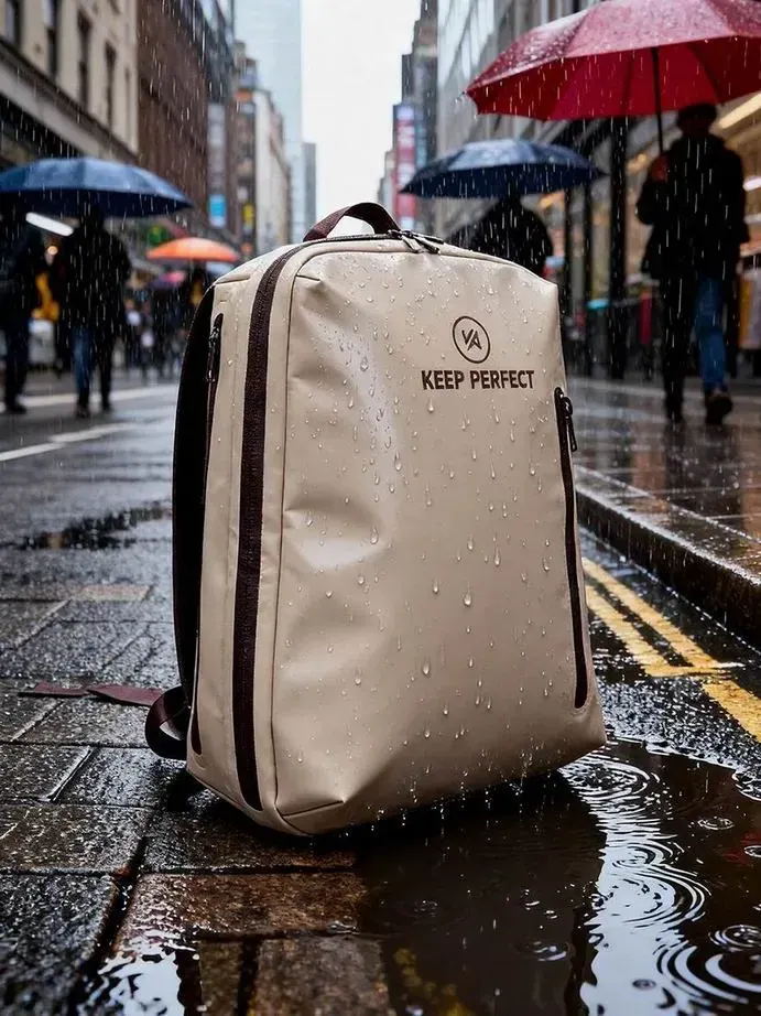 Waterproof hiking backpack hanging on a tree branch with the main compartment open to air after rain
