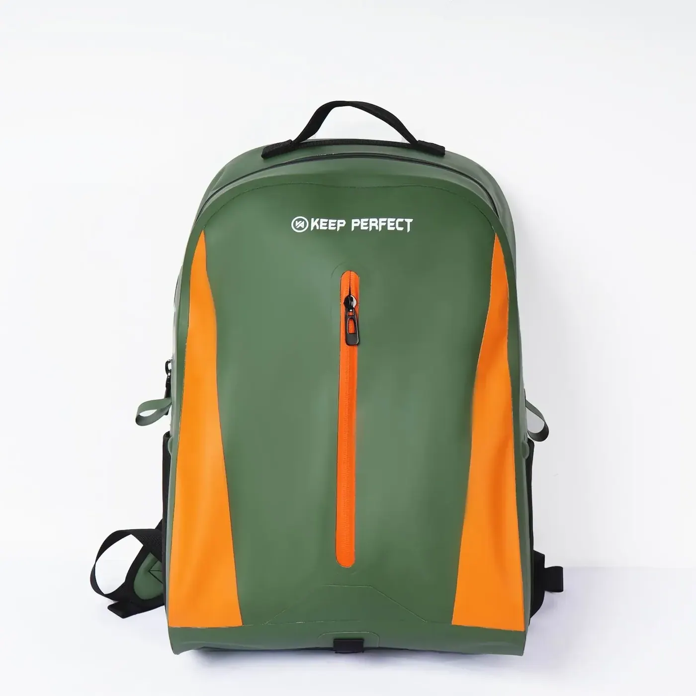 Waterproof commuter backpack carried through a city street in rain with office buildings in the background