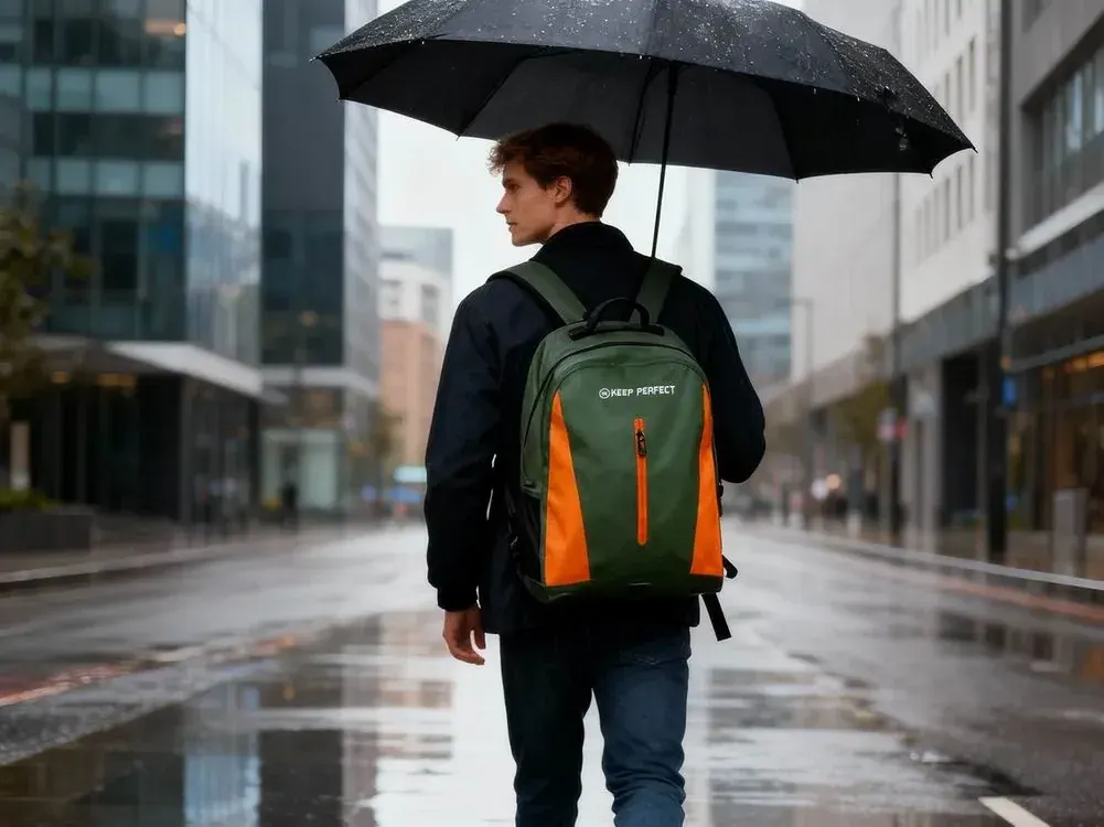Waterproof commuter backpack at dusk with reflective strips catching car headlights on a wet road