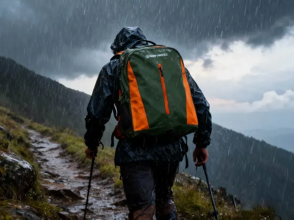 Waterproof motorcycle backpack worn by a rider beside a wet road with the roll-top closure folded down