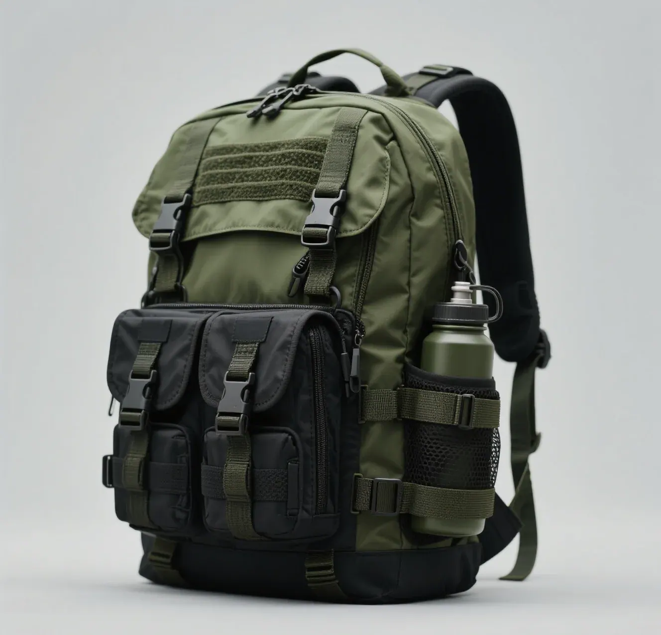 Waterproof motorcycle backpack packed for a weekend tour with compression straps tightened on a wet roadside