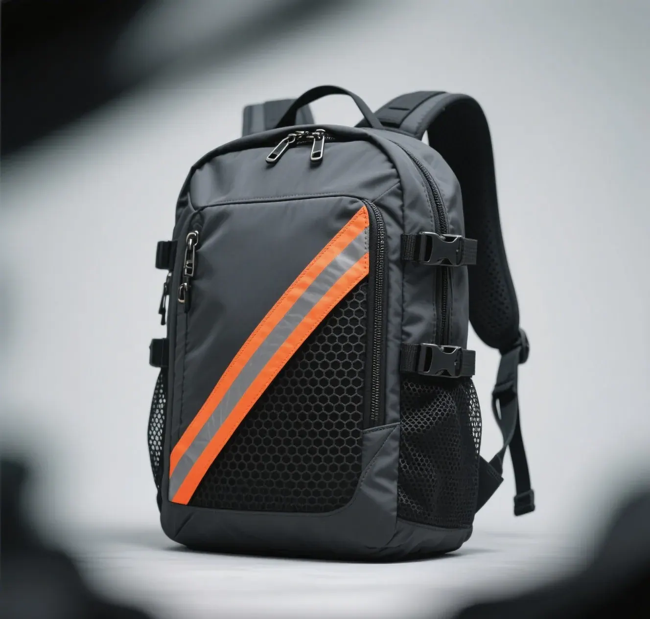 Waterproof backpack with a rolled top closure resting on the wet deck of a small motorboat beside coiled dock line