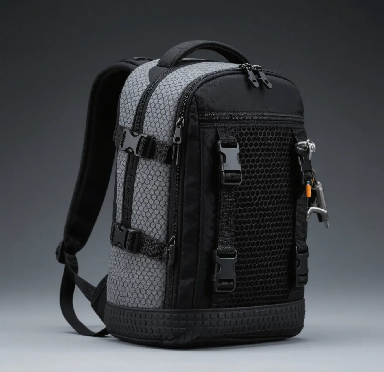 Waterproof dry backpack with a rolled mouth and welded body standing on wet rocks beside a river