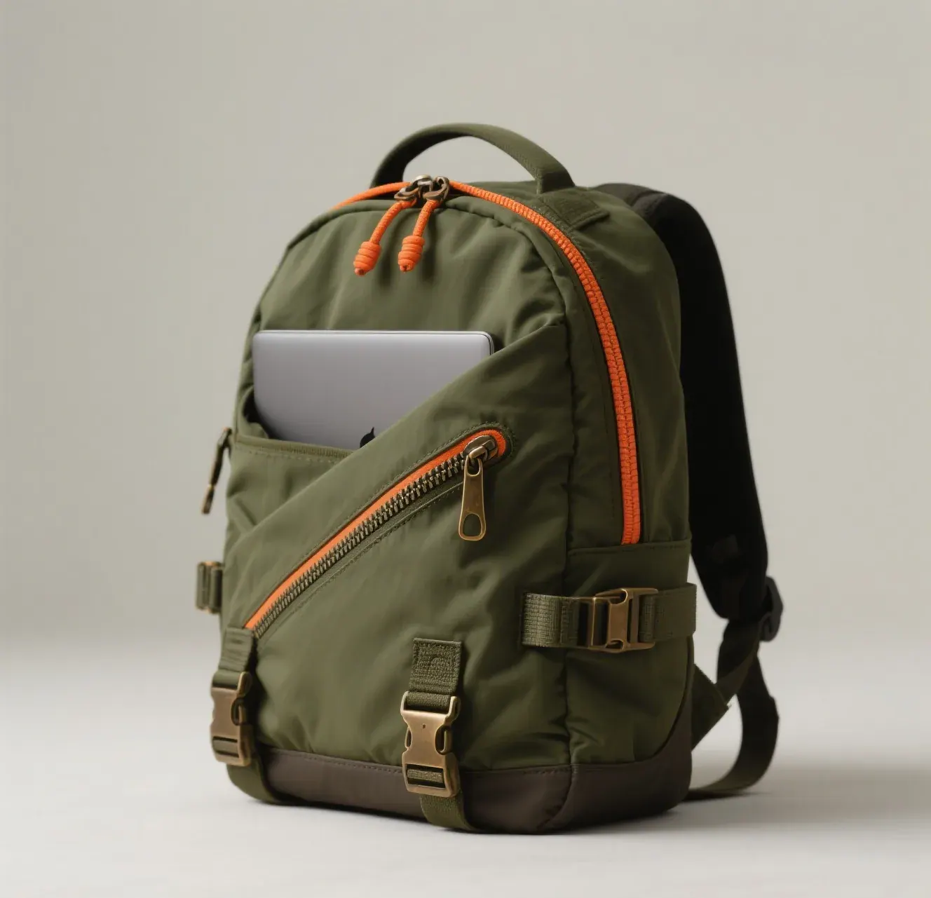 Cutaway view of a waterproof backpack laptop sleeve showing closed-cell foam and a raised floor above the pack base