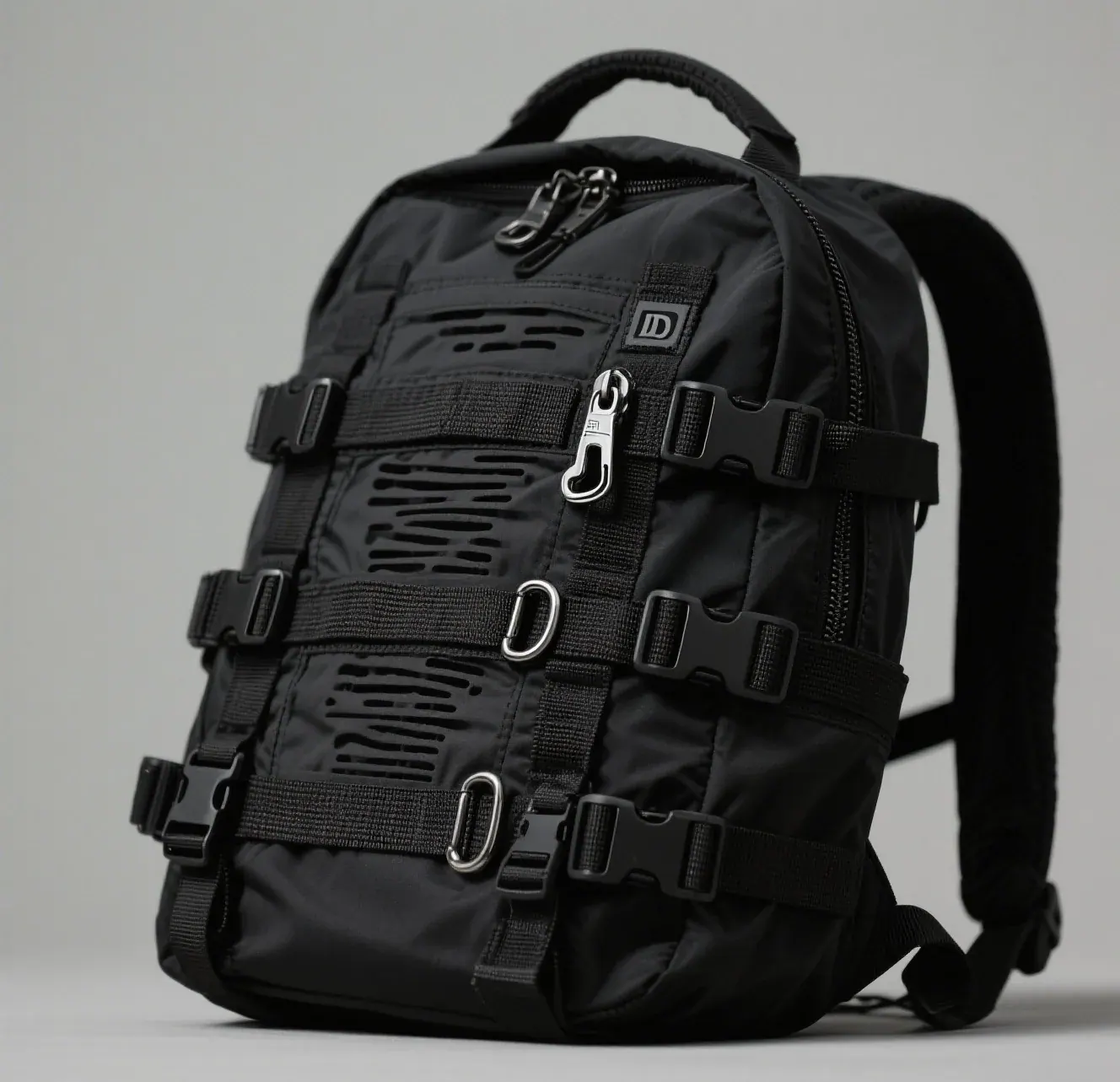 Waterproof cycling backpack with reflective side panels leaning against a bike rack after a wet ride