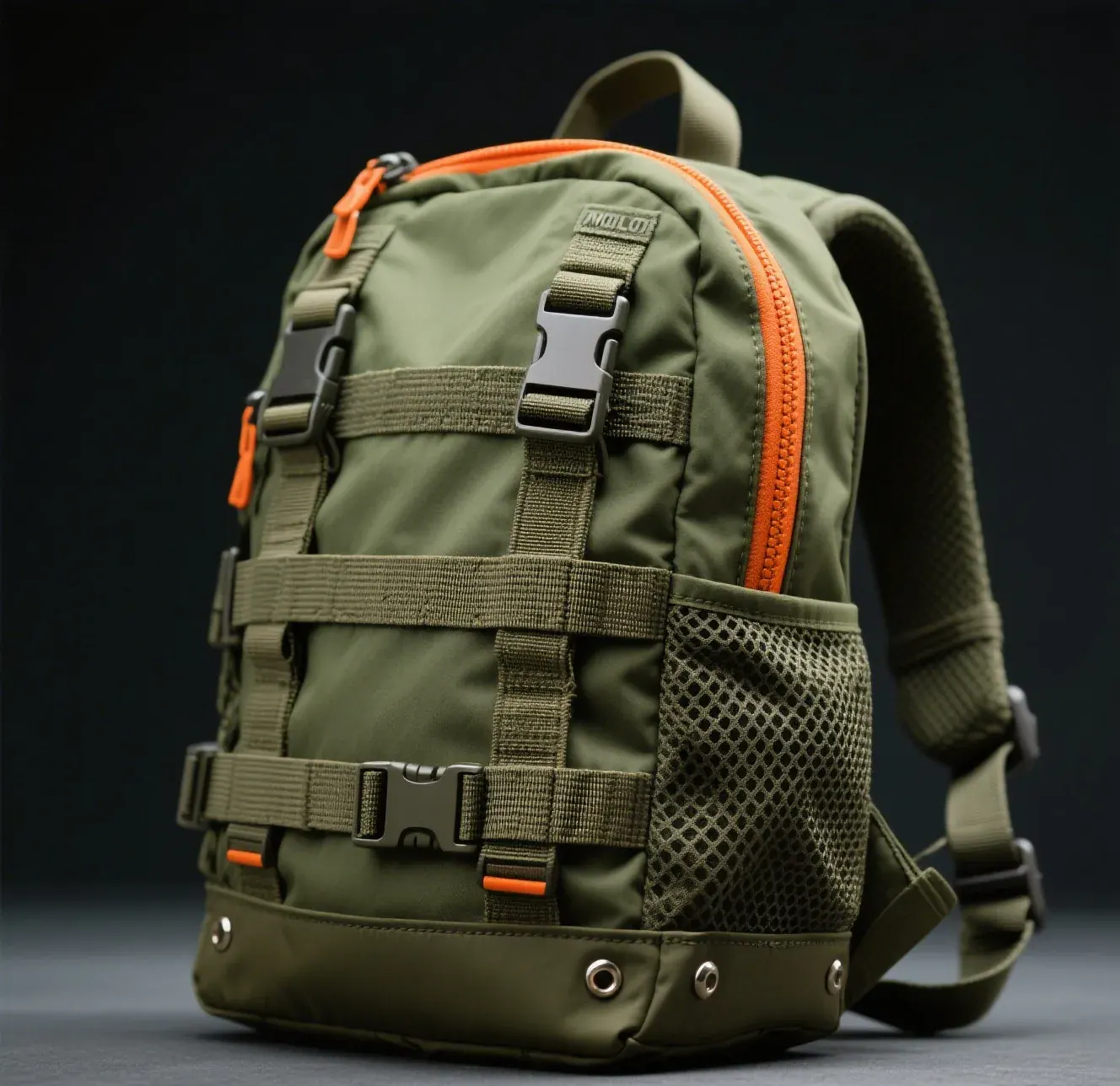 Camo waterproof hunting backpack lying in shallow flooded timber beside a layout blind during steady rain
