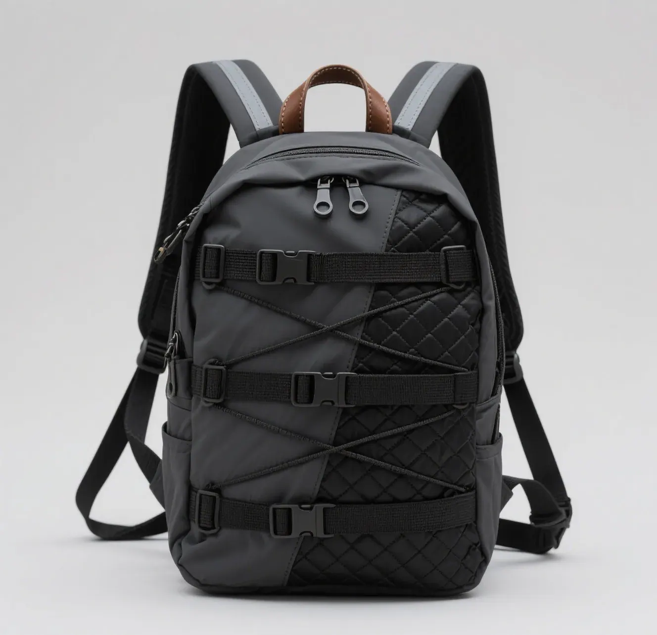 Camo waterproof hunting backpack with a rolled top resting inside a ground blind surrounded by wet marsh grass