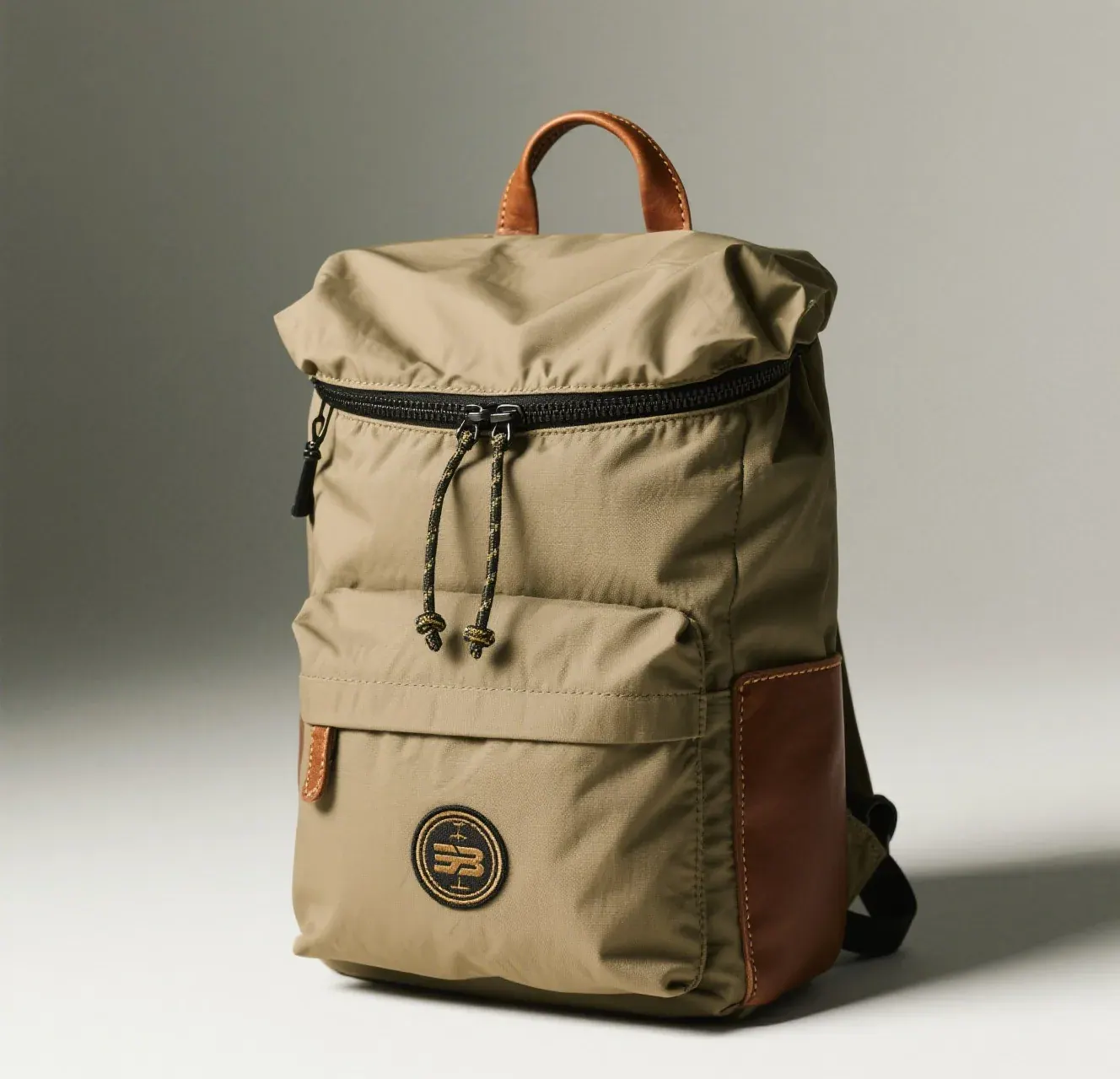 Roll top waterproof backpack with the mouth folded three turns and clipped with side buckles on a wet dock