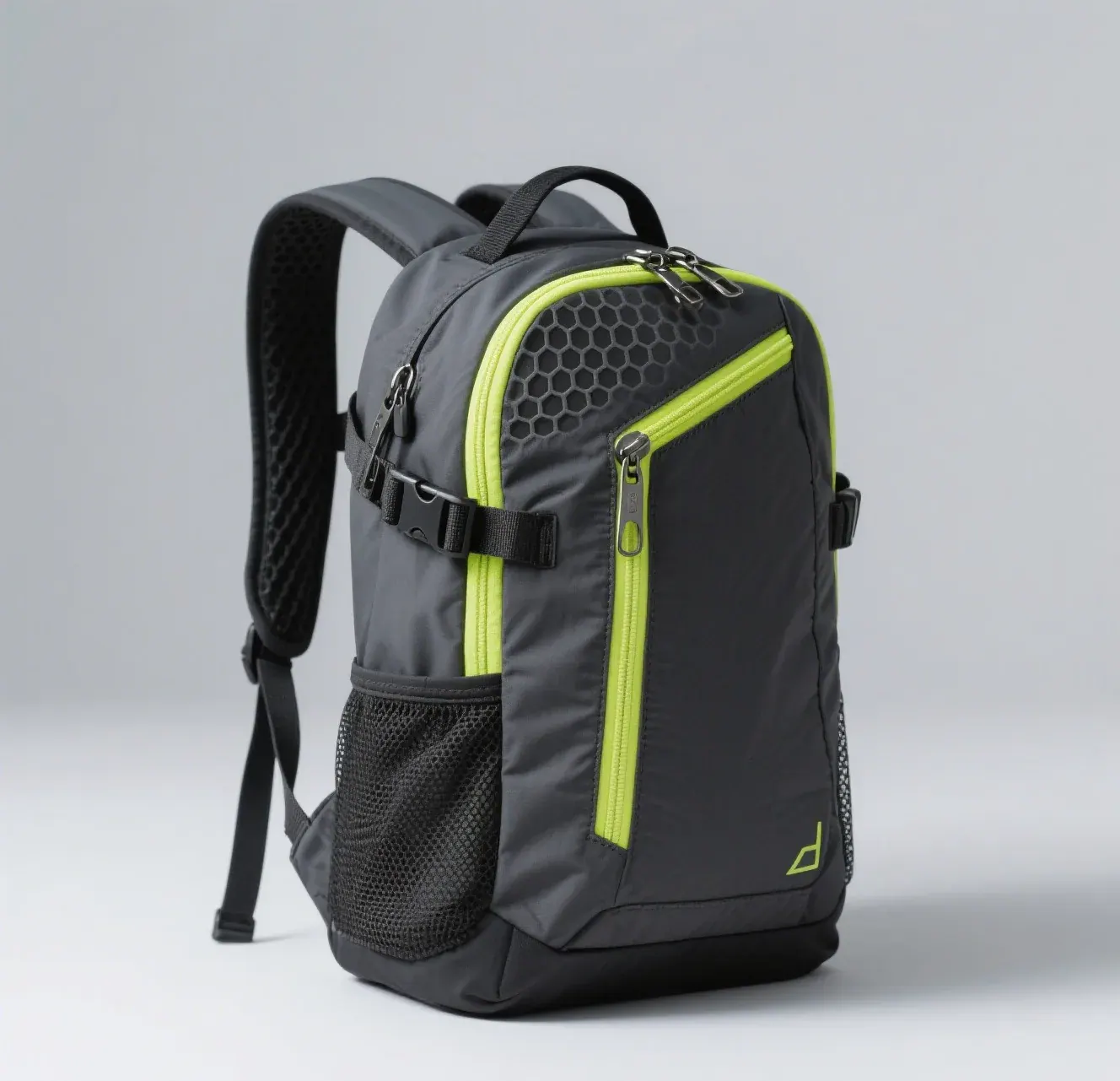 Roll top waterproof backpack standing packed with the collar extended and the top strap tightened across the fold