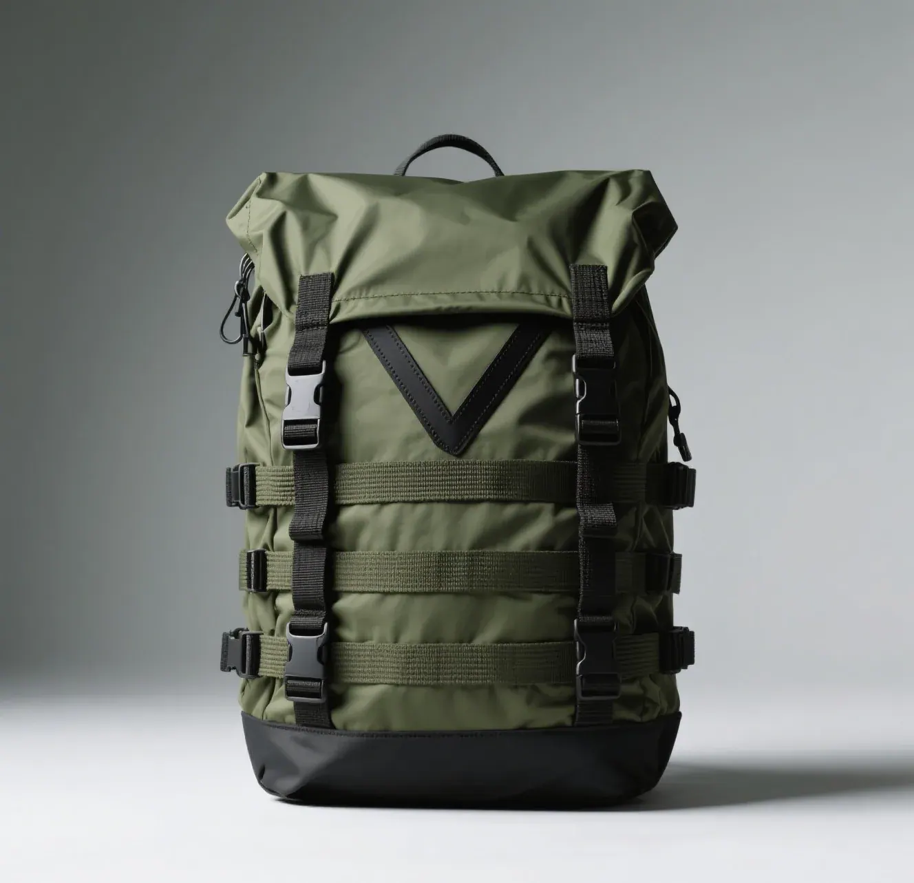Nine waterproof backpacks of different sizes arranged in a row on a wet stone surface for comparison