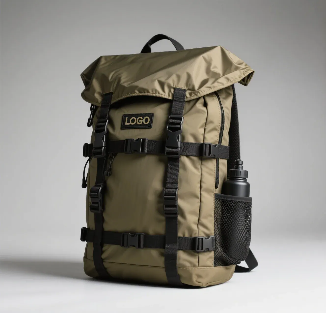 Large waterproof marine backpack with welded body strapped to the deck of a small boat in spray