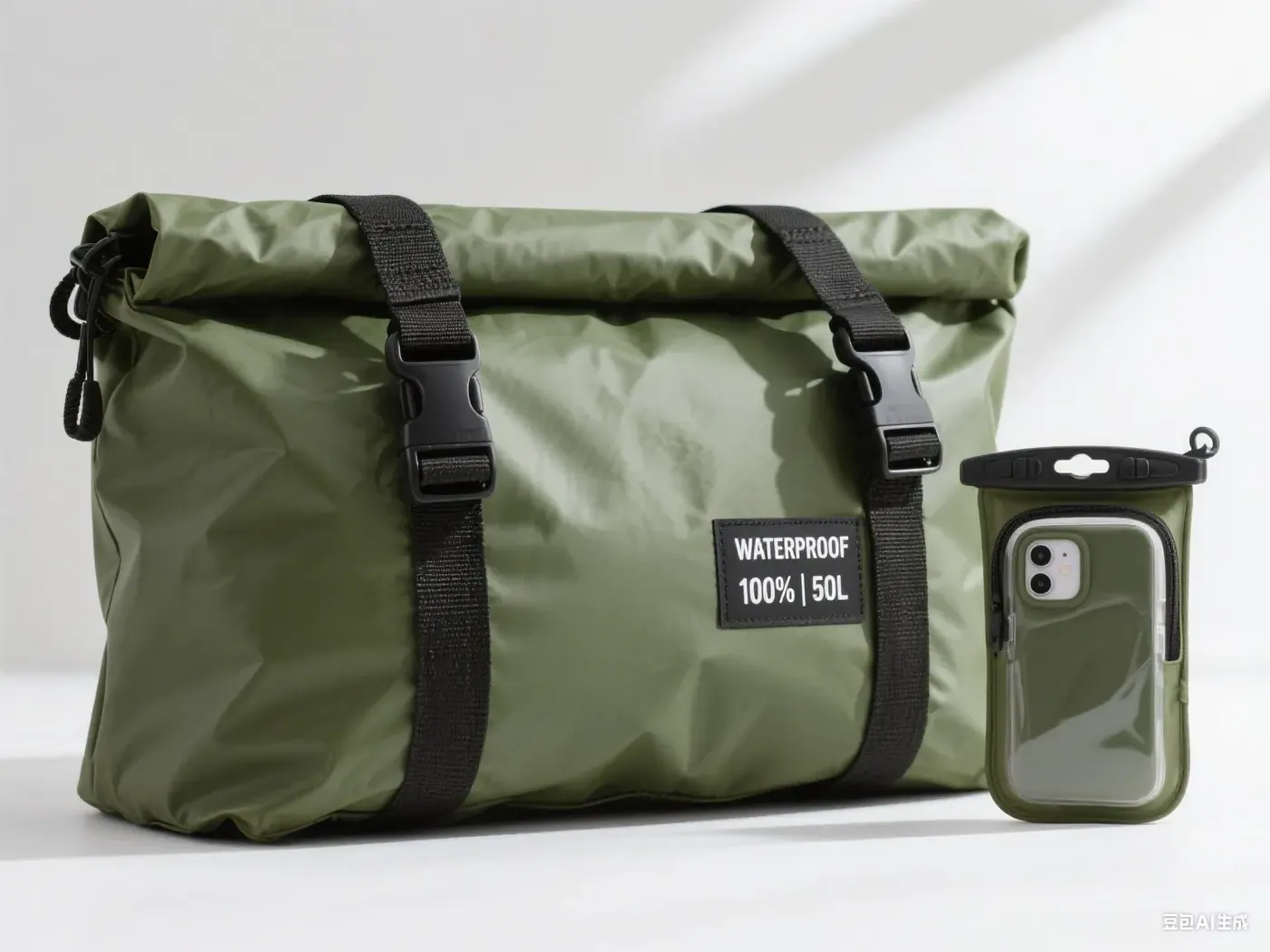 Waterproof backpack laid open with a specification sheet, tape measure and fabric swatches beside it