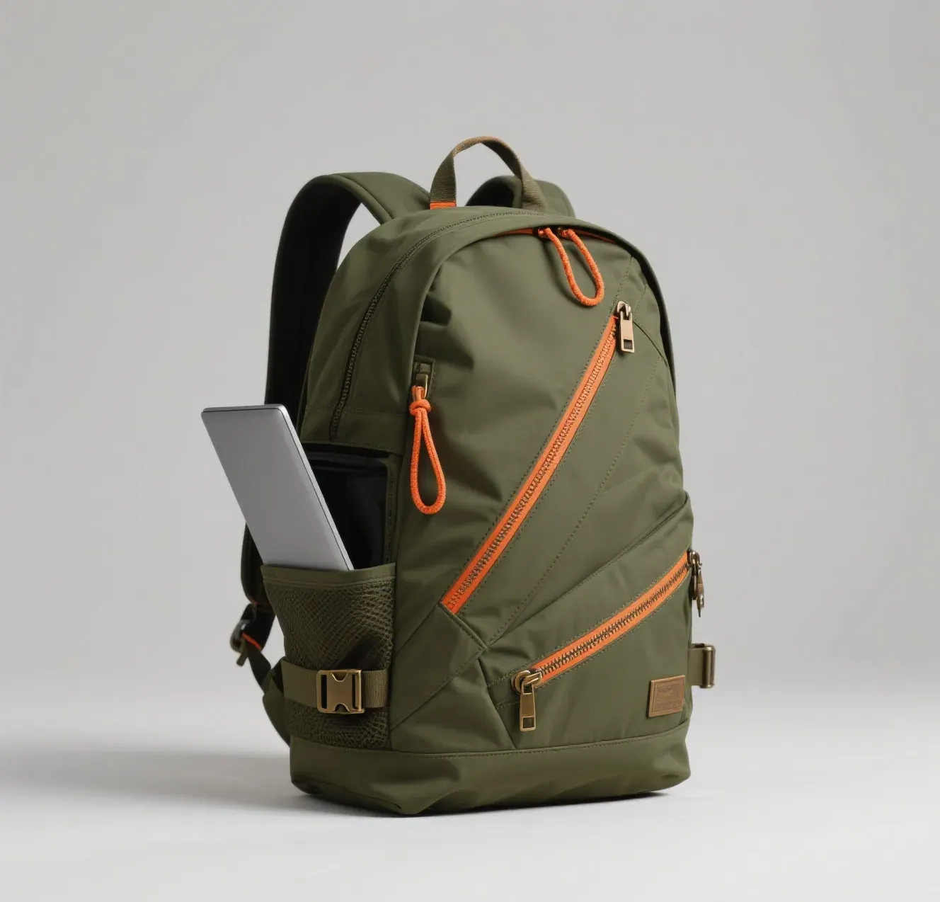 Waterproof backpack harness detail showing a padded hip belt and load lifter straps on an adjustable back panel
