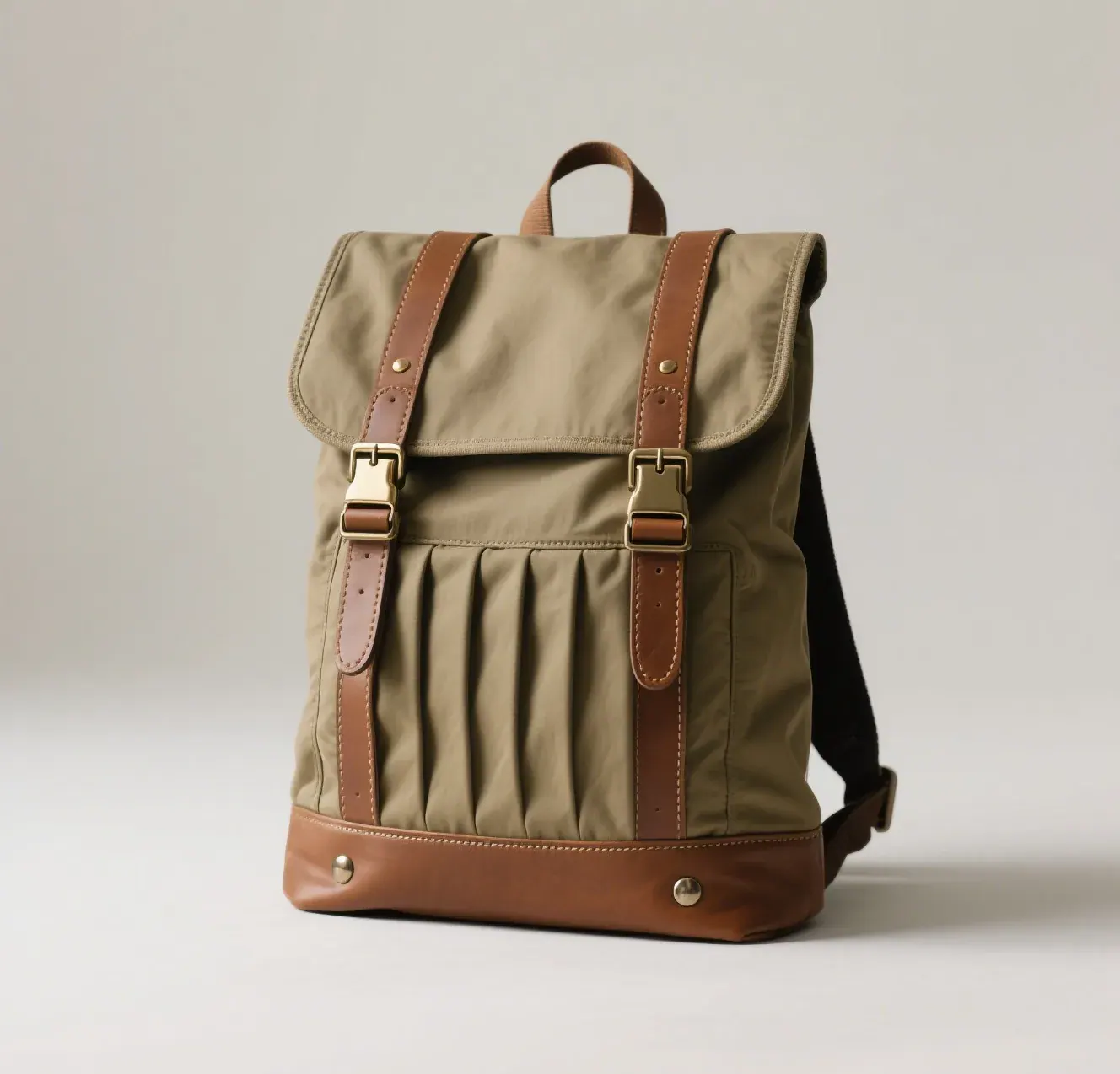 Waterproof backpack shell laid flat showing wide radio frequency welded seams running along the panel edges instead of stitching