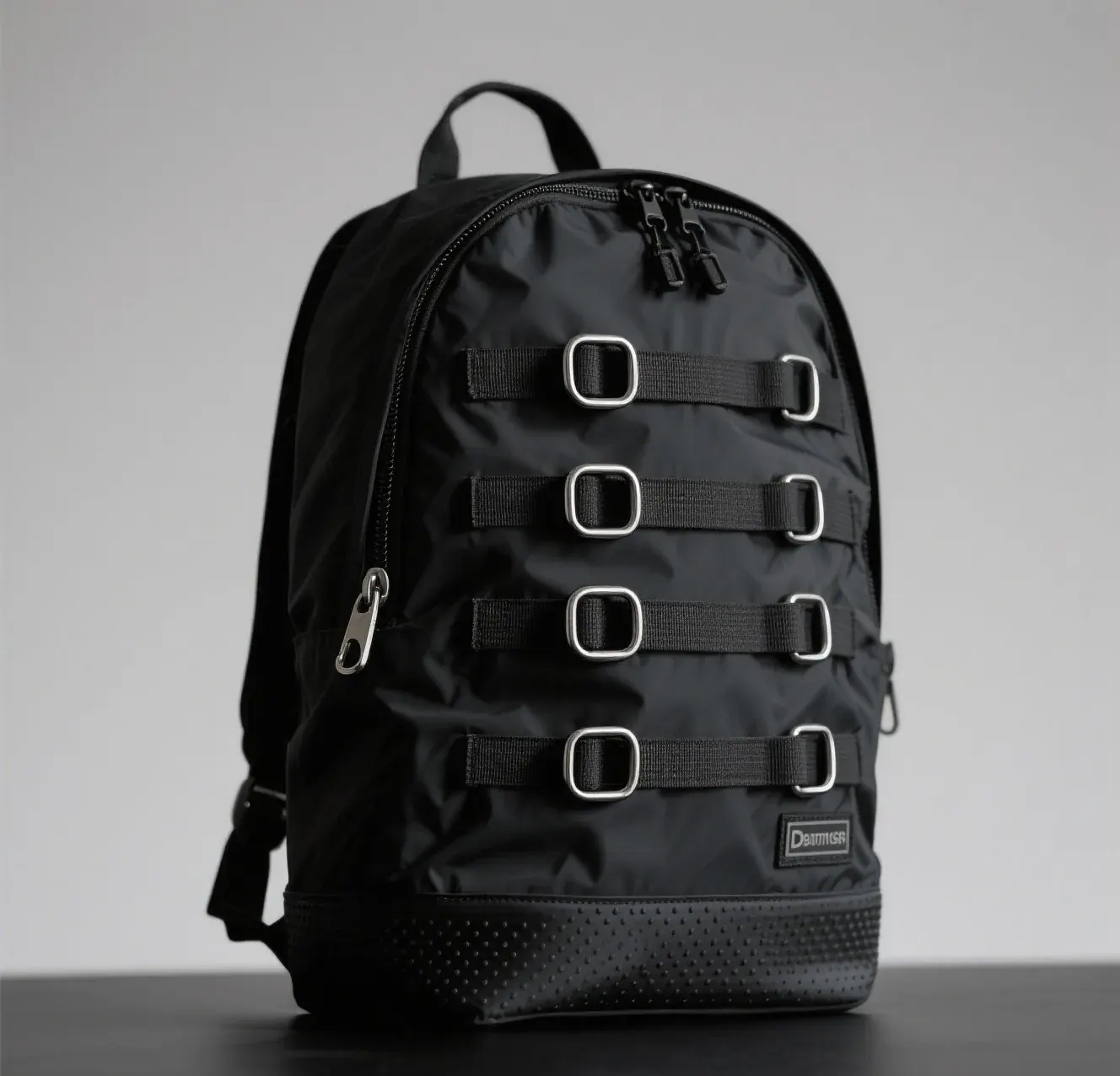 Waterproof backpack with a roll-top collar and a coated front zip shown outdoors during steady rain
