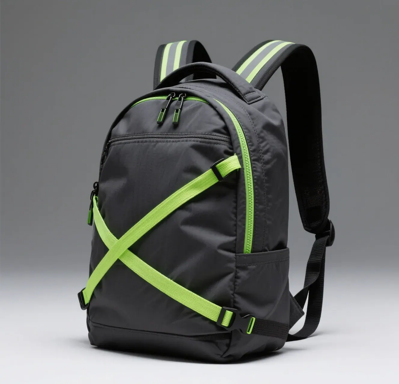 Waterproof backpack front panel showing a long airtight sealed zip with a moulded slider pulled to one side