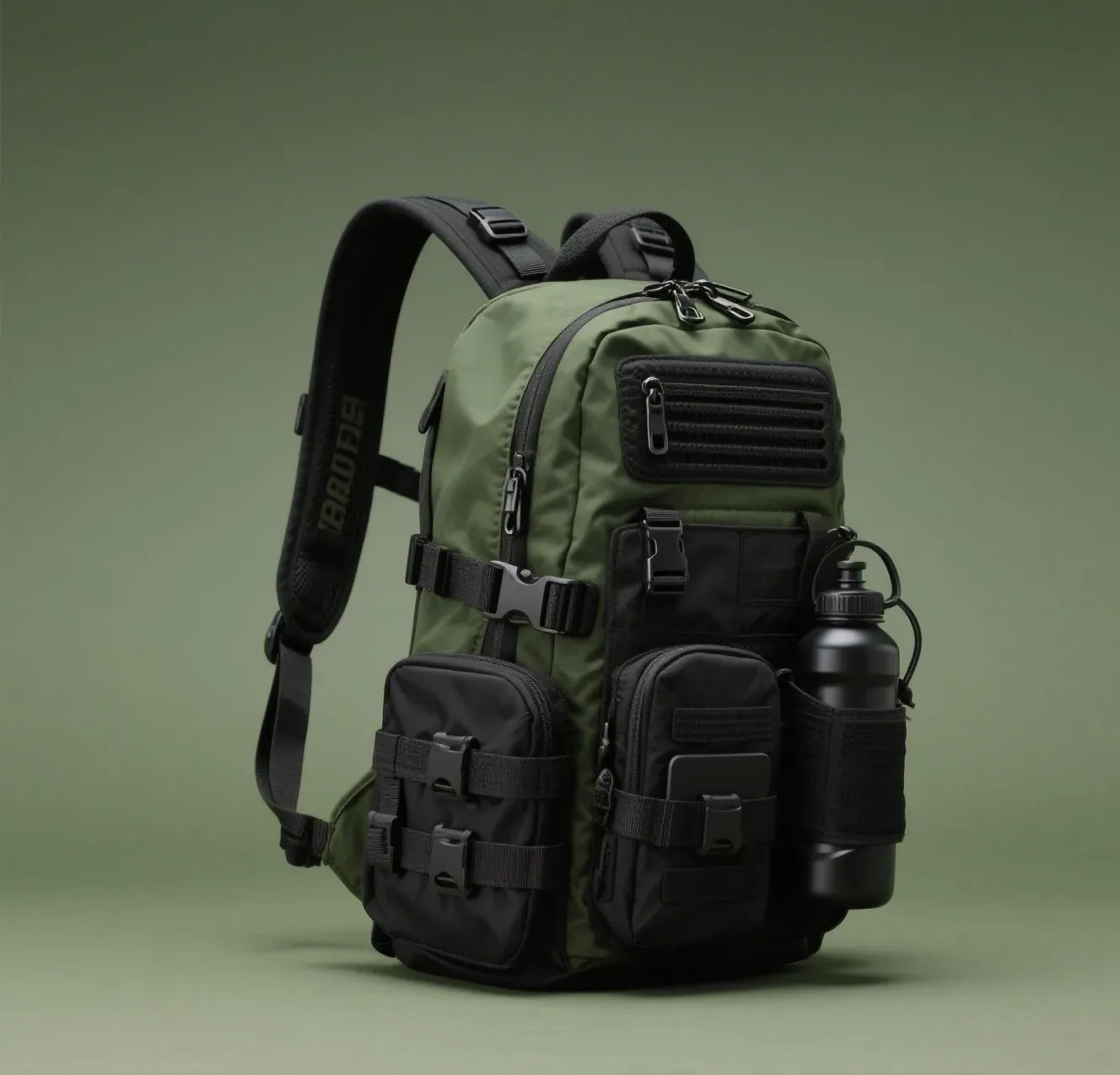 Waterproof backpack worn on a wet roadside with the front sealed zip closed and the load strapped tight