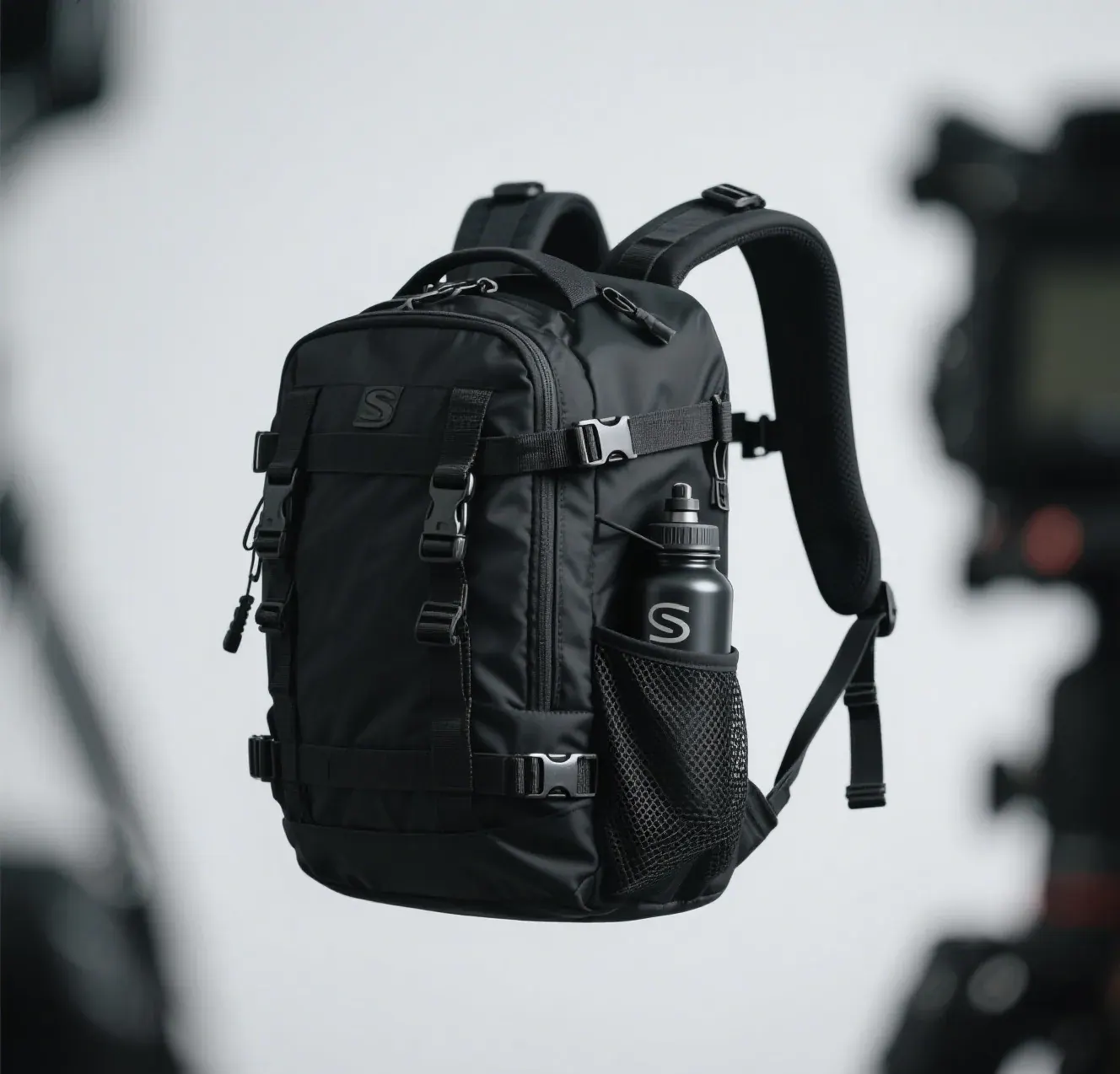 Waterproof backpack photographed from the side with a sealed laminated zip running down the front panel and a protective slider garage at the top