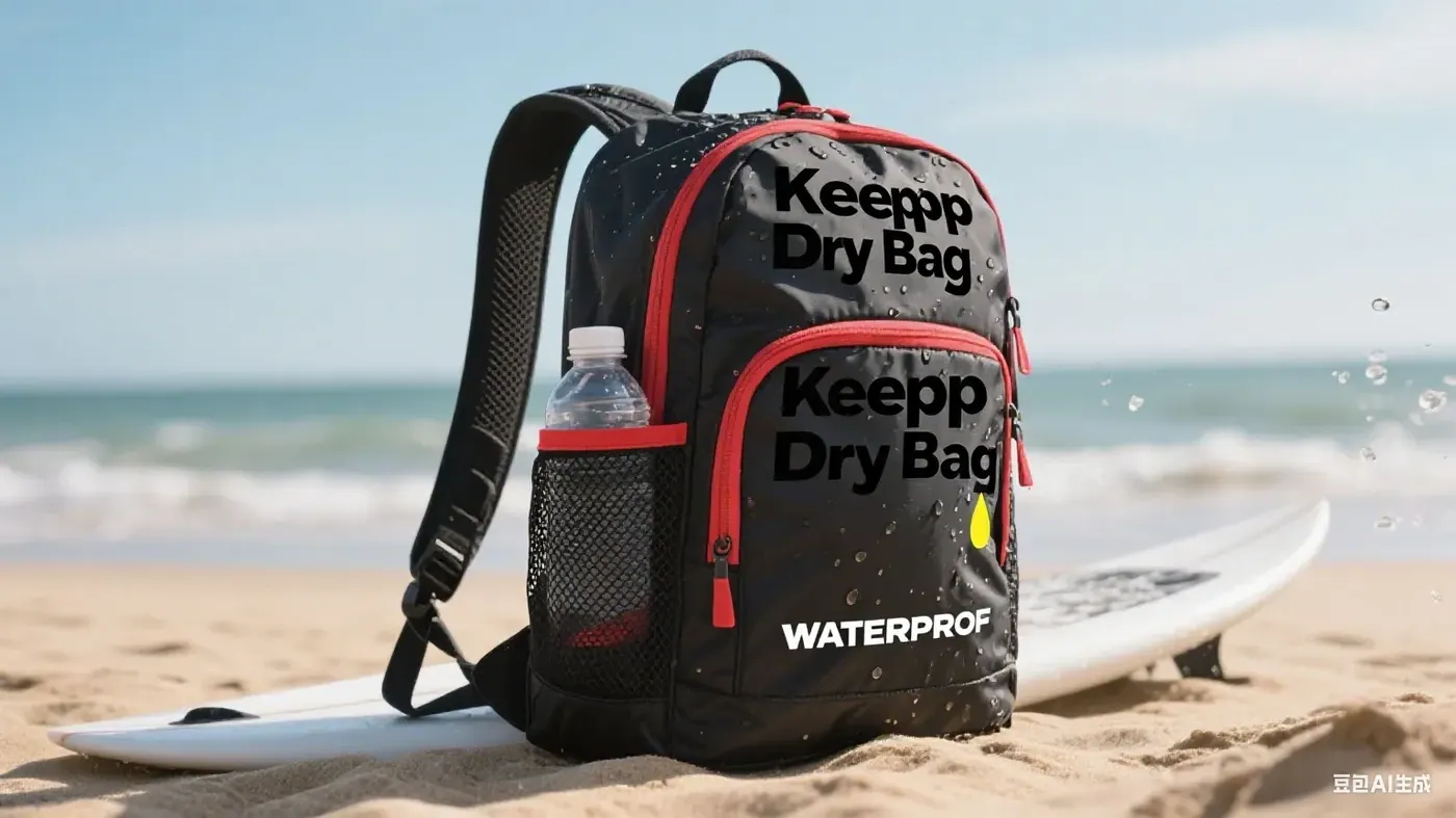 Waterproof backpack standing on wet ground with the base seam and lower panel visibly wet after rain
