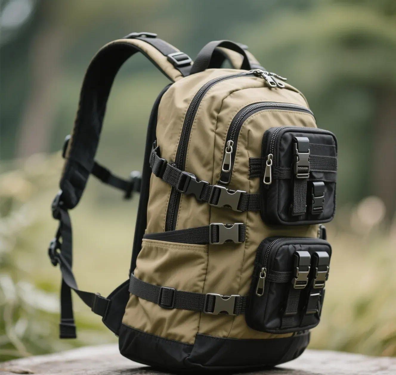 Waterproof ripstop nylon backpack photographed outdoors with the front panel grid pattern and welded seam band clearly visible