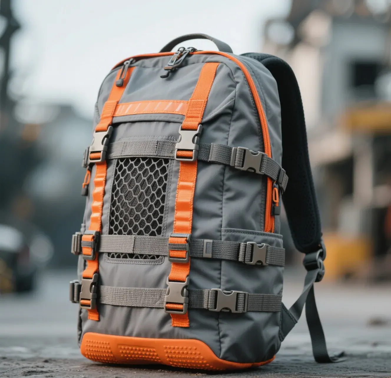 Waterproof backpack front pocket with a water-resistant coated coil zip sitting under a storm flap on a rainy street