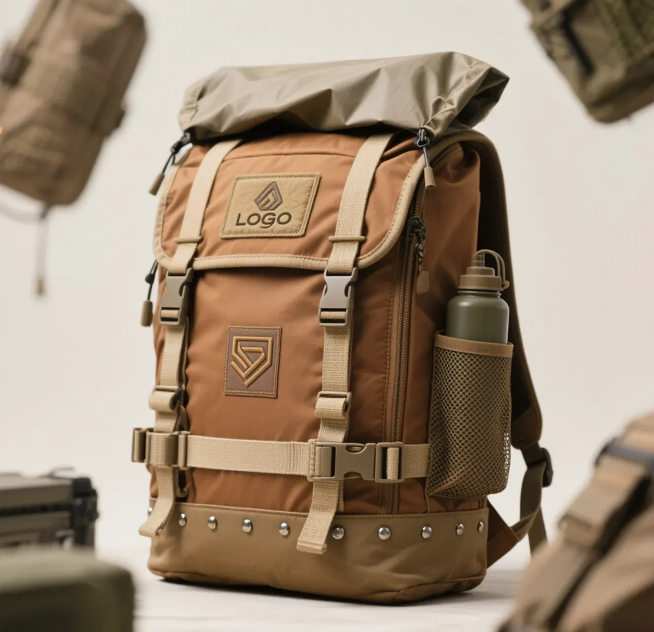 PFAS-free waterproof backpack shell standing in light rain with water beading on the face fabric and a laminated welded body
