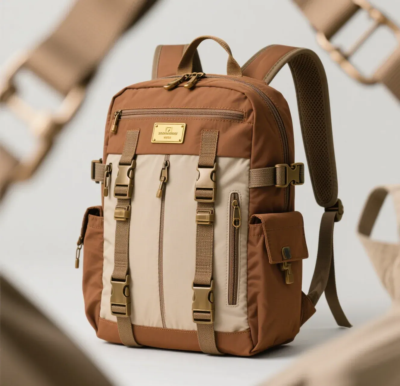 Waterproof backpack with a recycled polyester shell shown three quarters on, woven face texture and a laminated welded seam visible along the lower panel