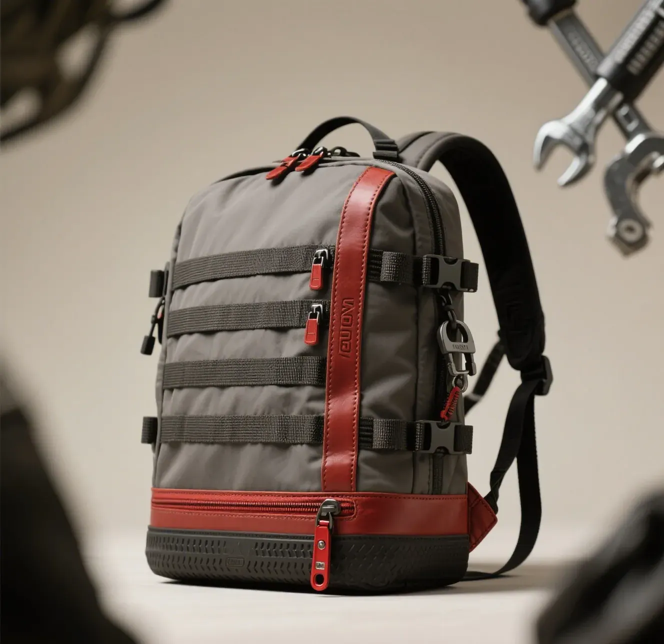 Waterproof backpack shown with the body turned inside out, revealing a bonded seam band running along the lower panel instead of a stitch line