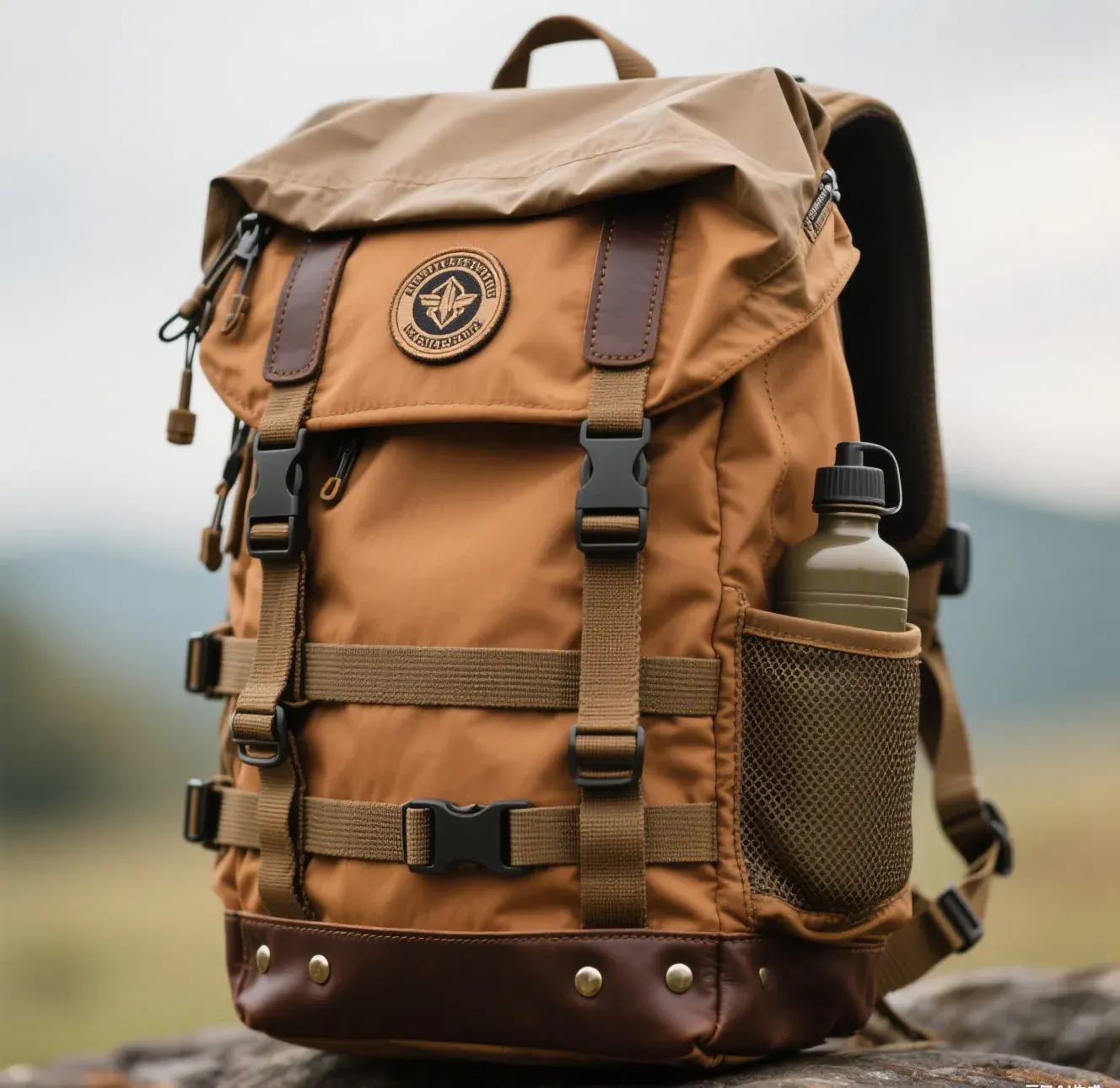 Waterproof backpack on a workbench with the lower seam exposed under a lamp, seam tape and a repair roller laid beside it