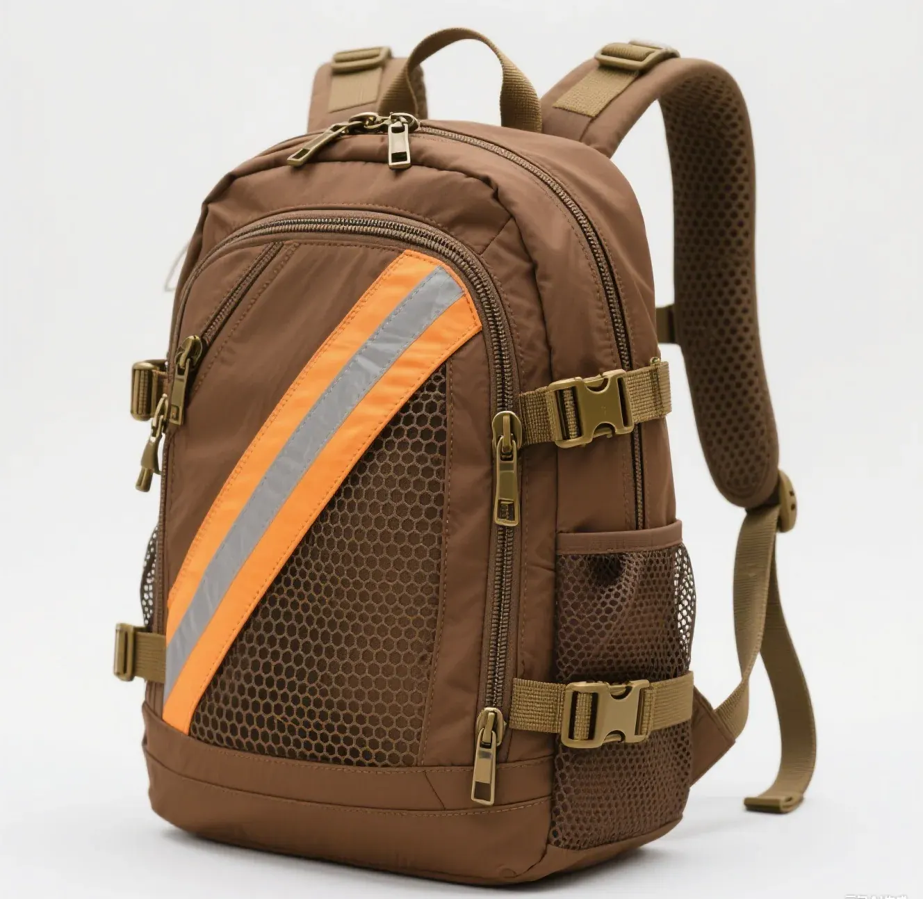 Waterproof backpack standing in light rain with the outer face fabric beaded, one lower corner turned back to show the laminated inner film