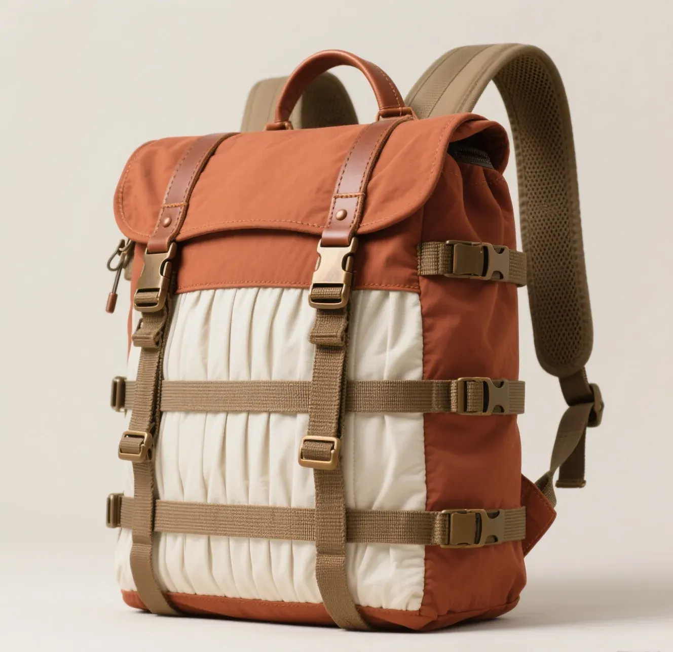 Waterproof commuter backpack set on wet pavement with the laptop sleeve held open, showing doubled closed-cell padding at the lower corners