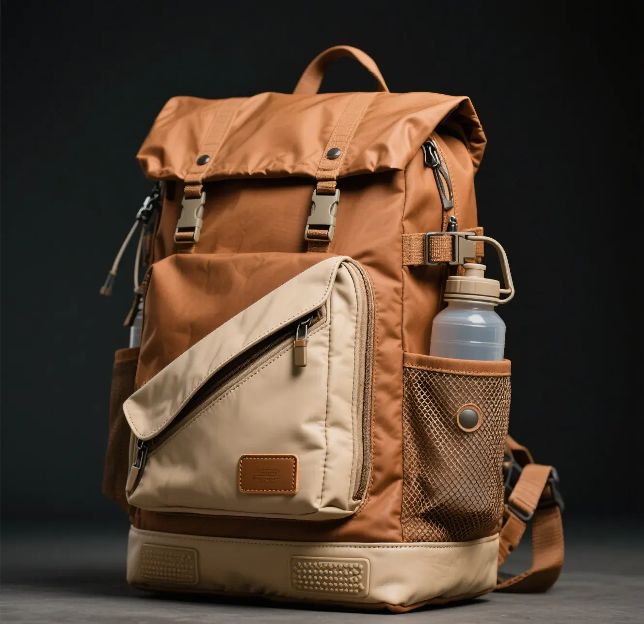 Waterproof backpack suspended in a test tank with the water line marked one metre above the lowest point of the body during an immersion check