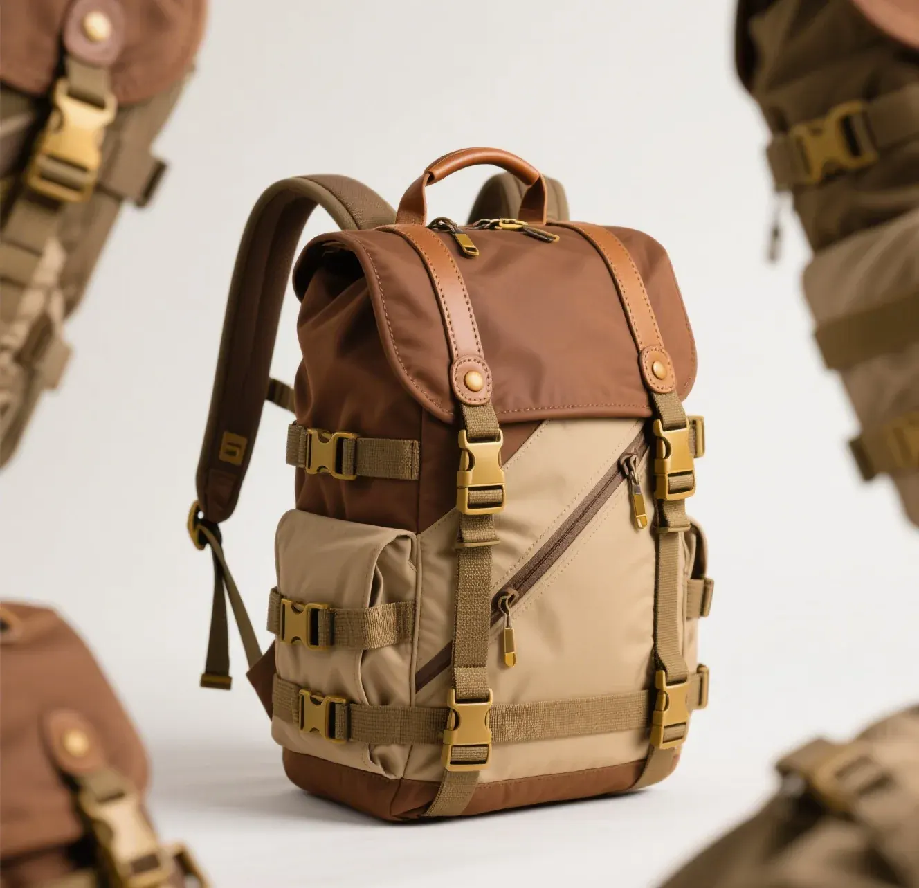Waterproof backpack in snow with the roll-top mouth folded back, showing a supple laminated panel flexing at sub-zero temperature