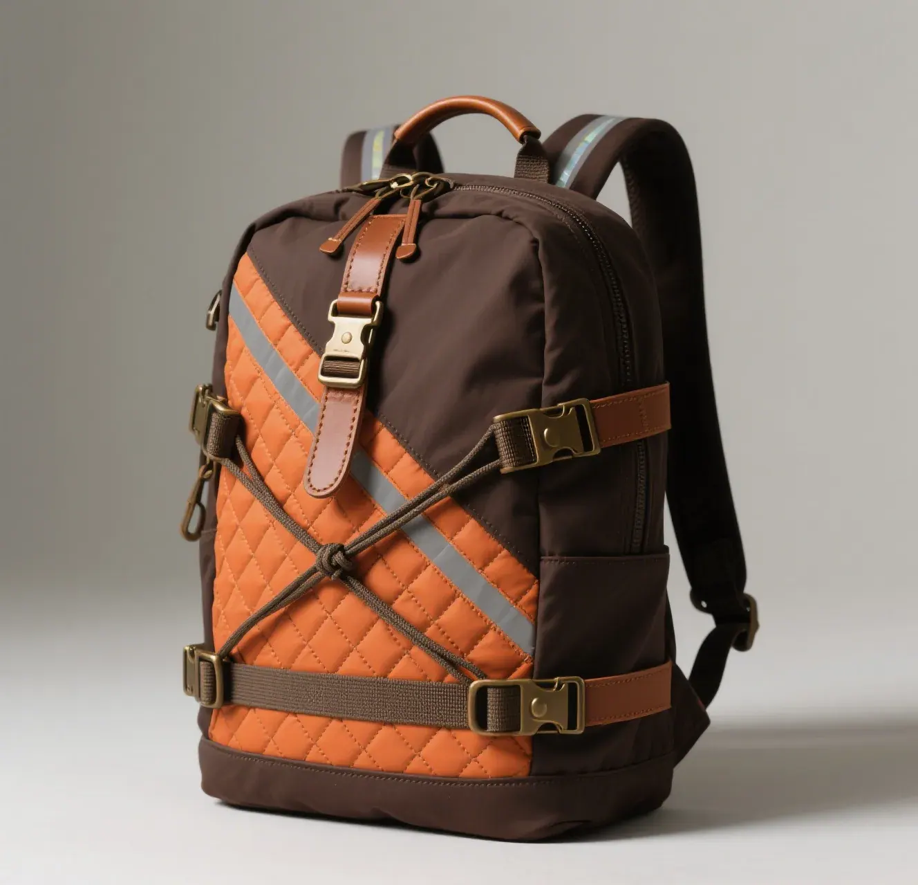 Waterproof backpack held with the lower side seam folded back under a lamp, showing a clean fused joint running the length of the panel with no adhesive residue