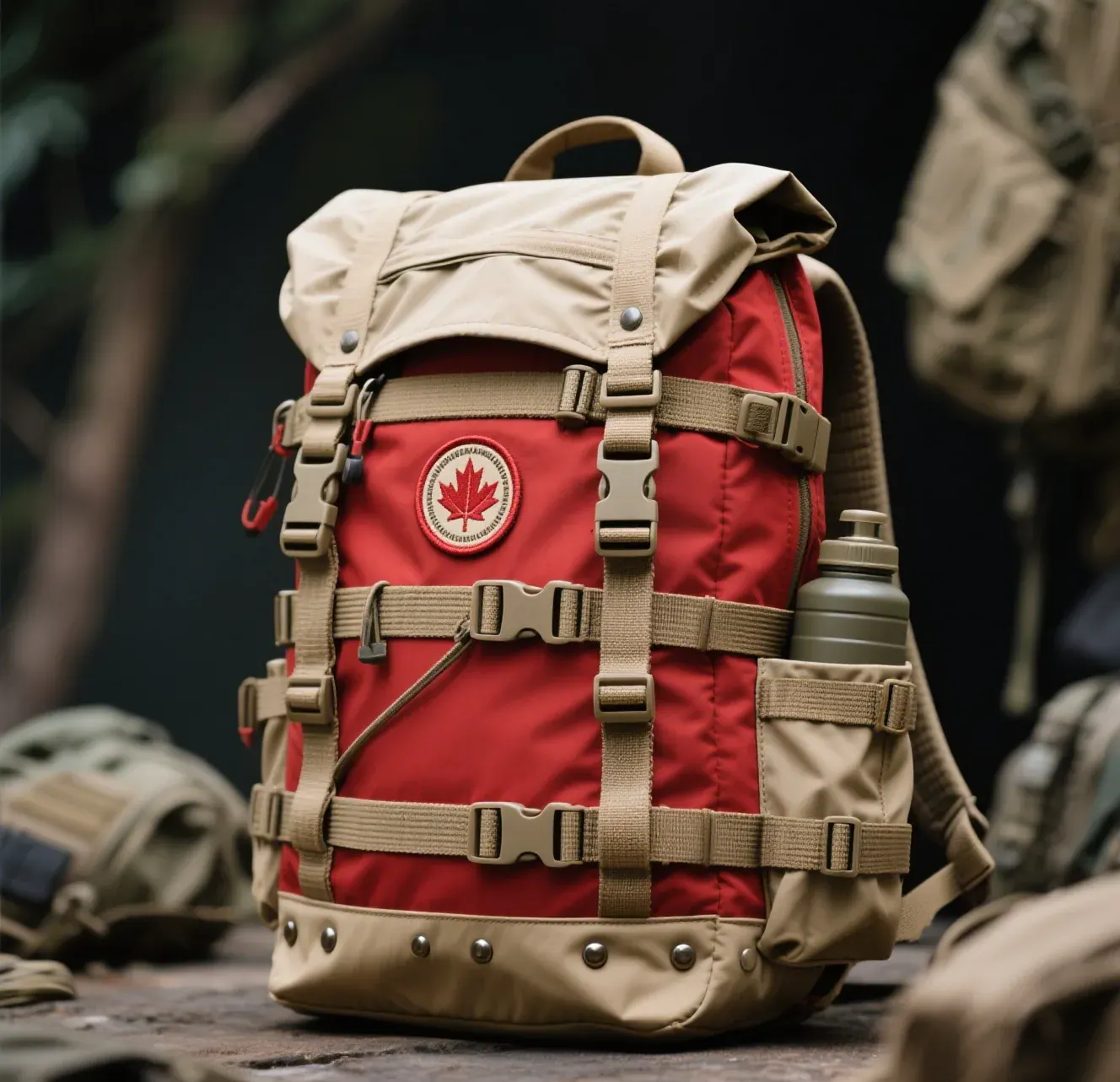 Waterproof backpack on a bench with a bonded patch clamped over a lower corner seam and a peel test strip pulled back at one end