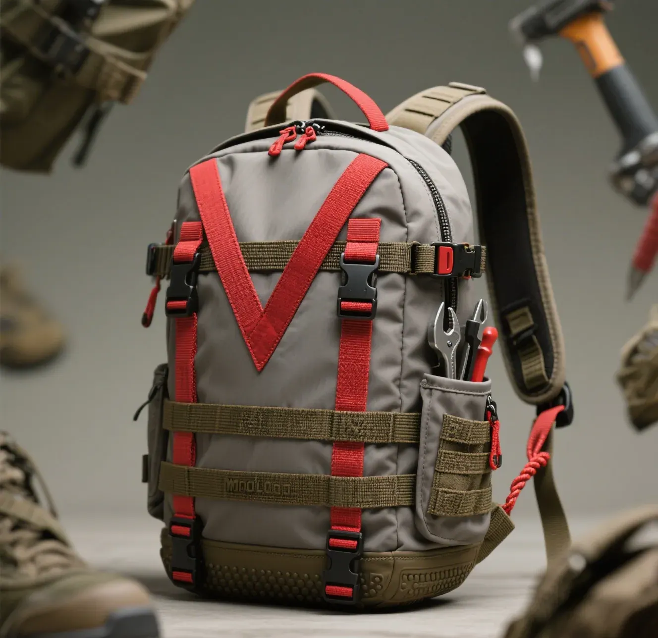 Marine waterproof backpack standing beside a rinsing station with fresh water flowing across the closed zipper track