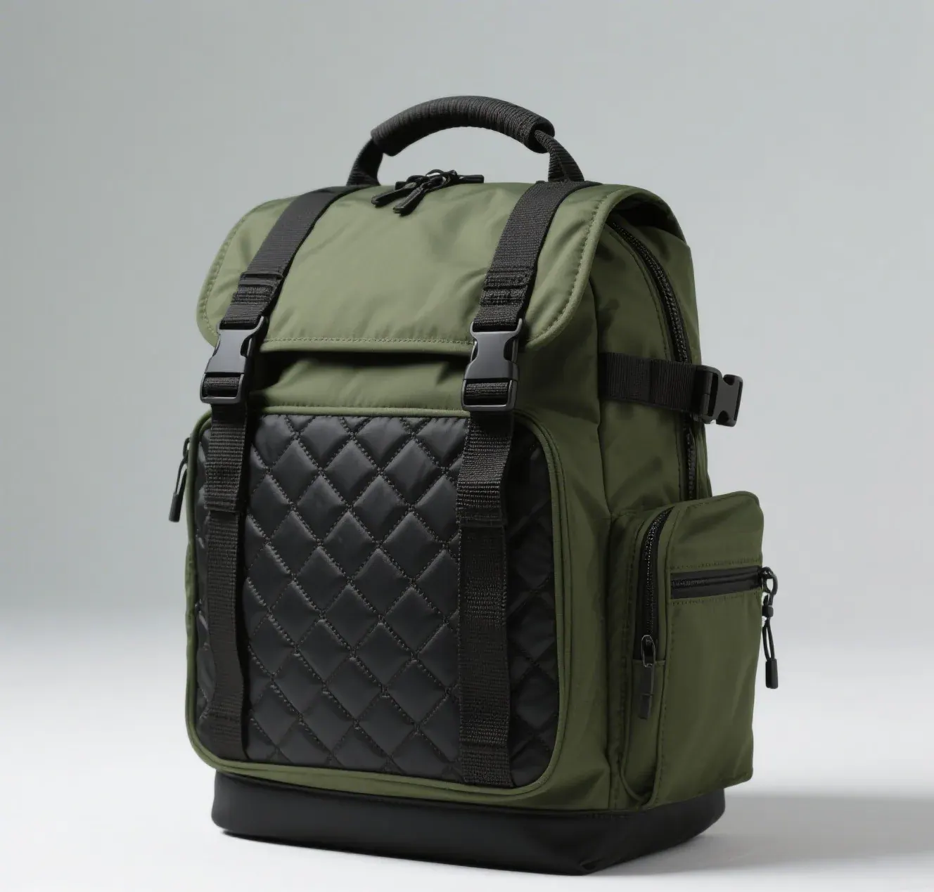 Structured waterproof backpack made from medium-gauge TPU composite with smooth welded side seams and roll-top closure