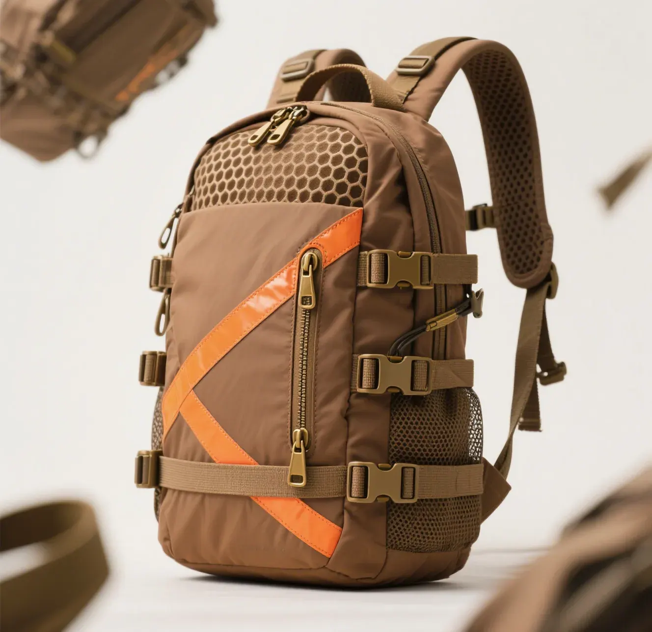 Waterproof backpack and water-resistant daypack standing together in steady rain with different closure and seam constructions visible