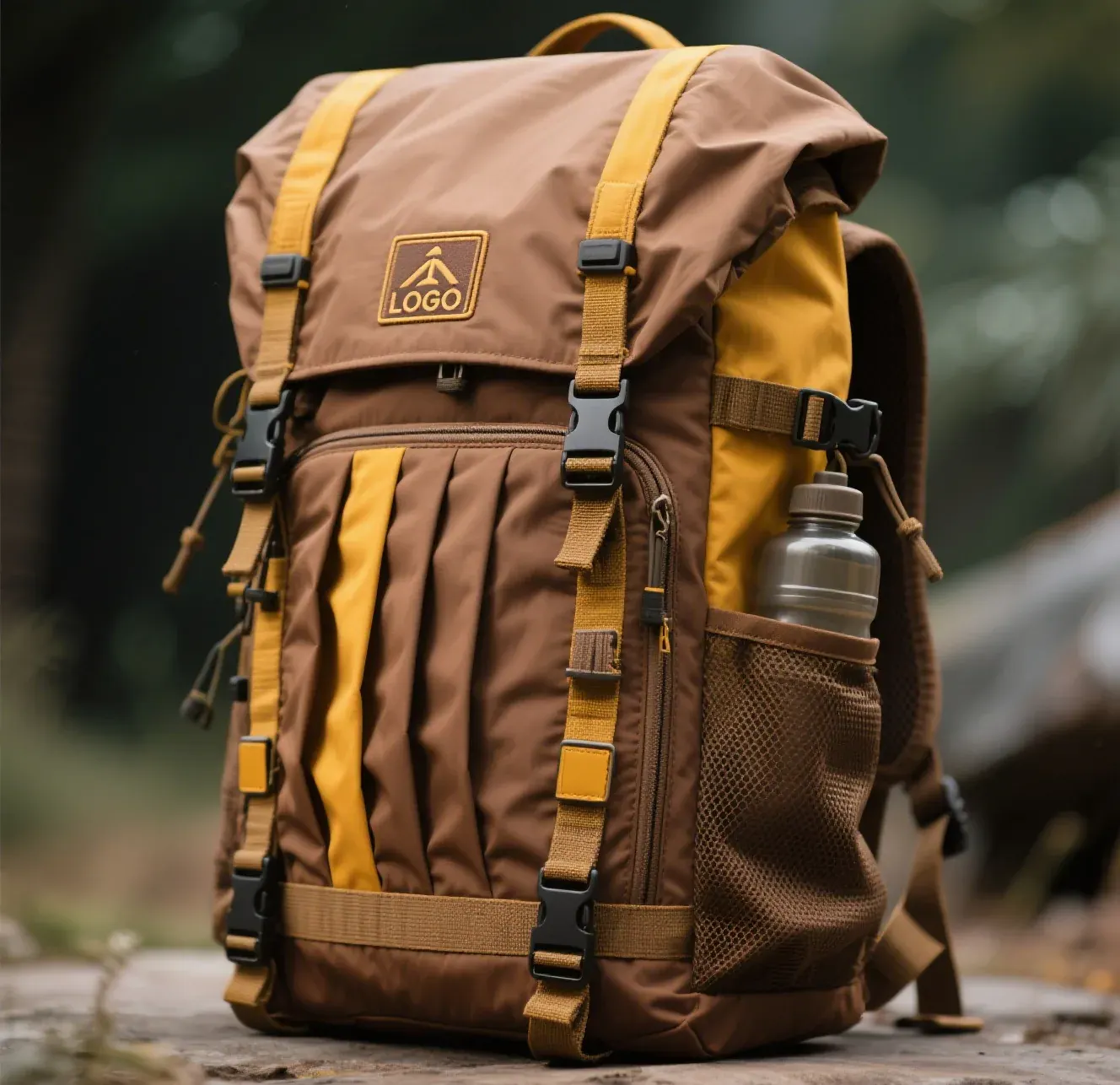 Commuter waterproof backpack exposed to driven rain while a protected laptop sleeve sits above the base panel