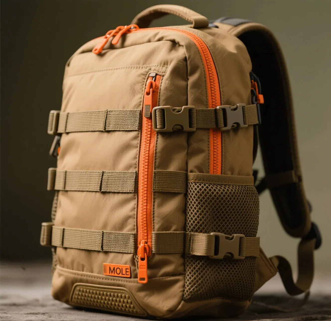 Waterproof backpack worn by a bicycle commuter in driving rain with reflective details and protected closure visible