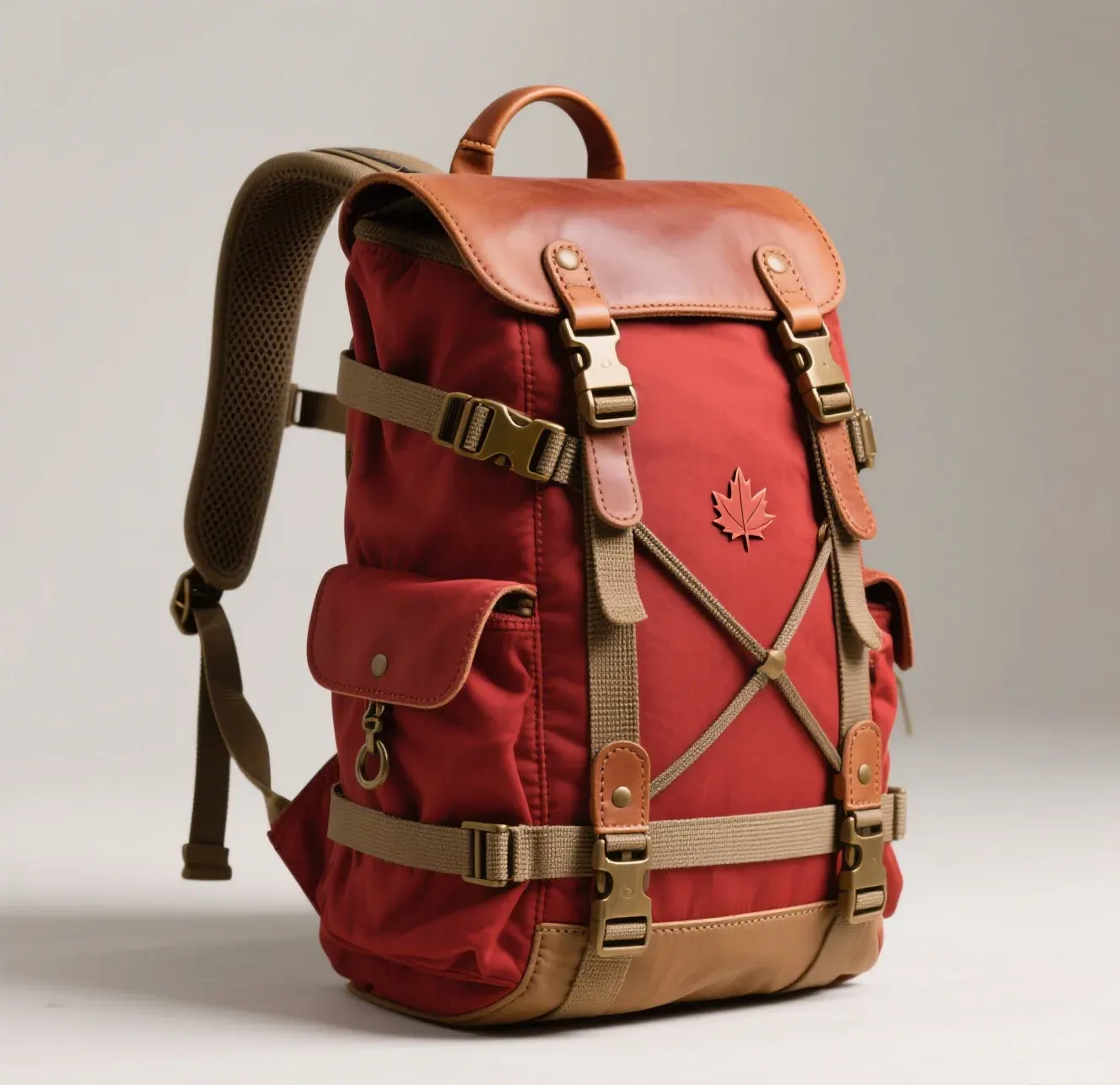Front-loading waterproof backpack opened in a clamshell layout with divided travel gear visible across the full panel