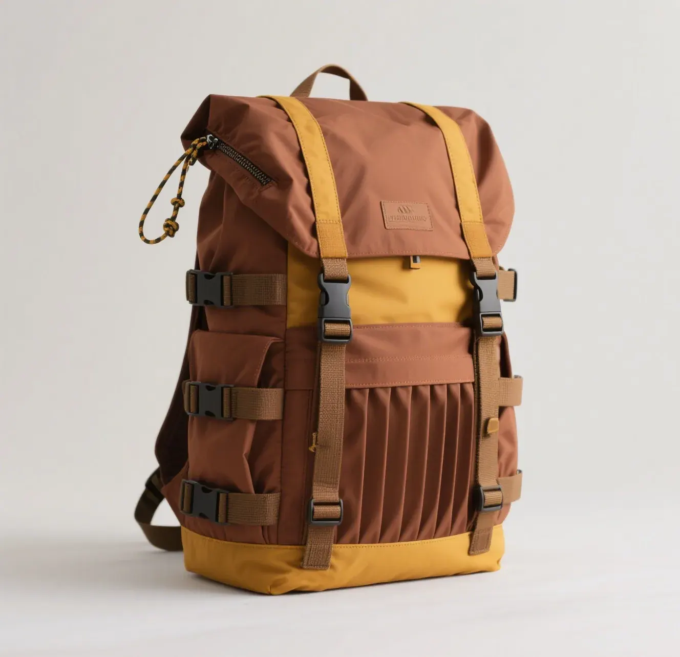Waterproof backpack sitting under a calibrated water spray test with absorbent paper sheets placed at five internal check zones