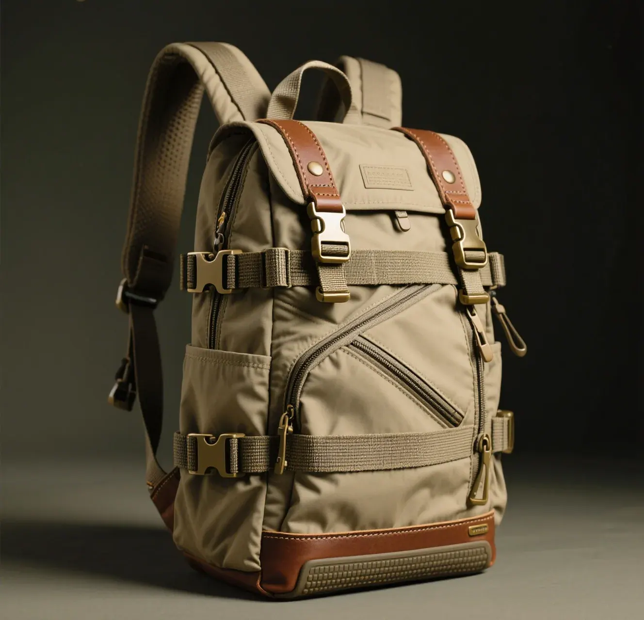 Hand folding the top of a roll-top waterproof backpack three times before clipping the side buckles on a wet riverbank