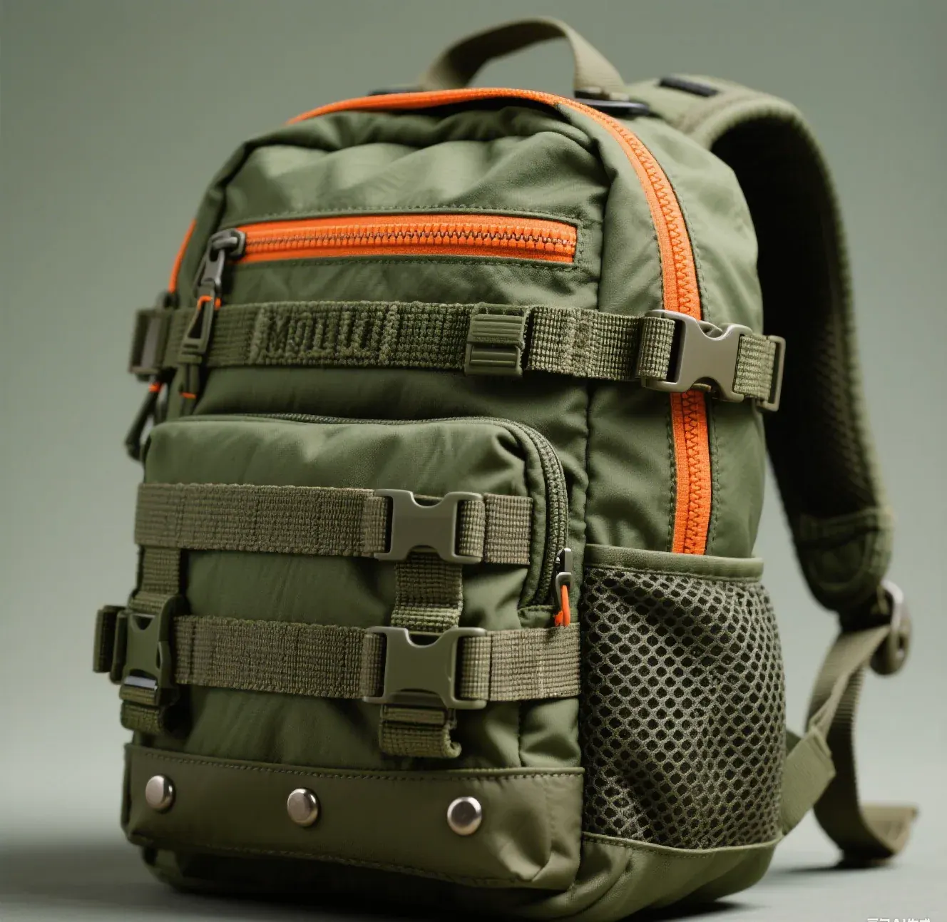 Close view of a flap closure on a waterproof backpack showing a covered zipper throat and two side buckles after field use