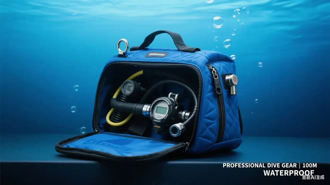 Waterproof floating backpack resting on the surface of a calm lake after a capsize with a paddle boarder holding on nearby