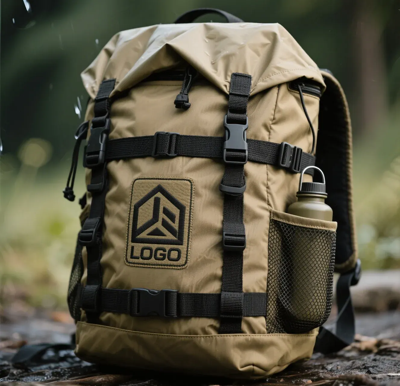 Hiker adjusting the padded hip belt and load lifter straps of a large expedition backpack before a multi-day trek