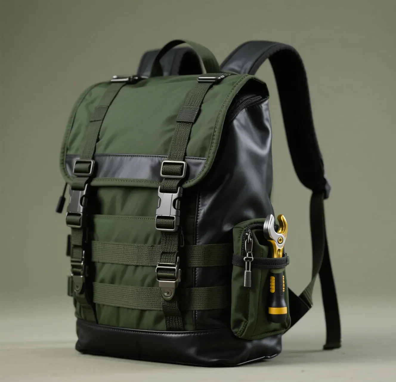 Waterproof backpack with a rolled top closure worn on both shoulders during a rainy trail carry