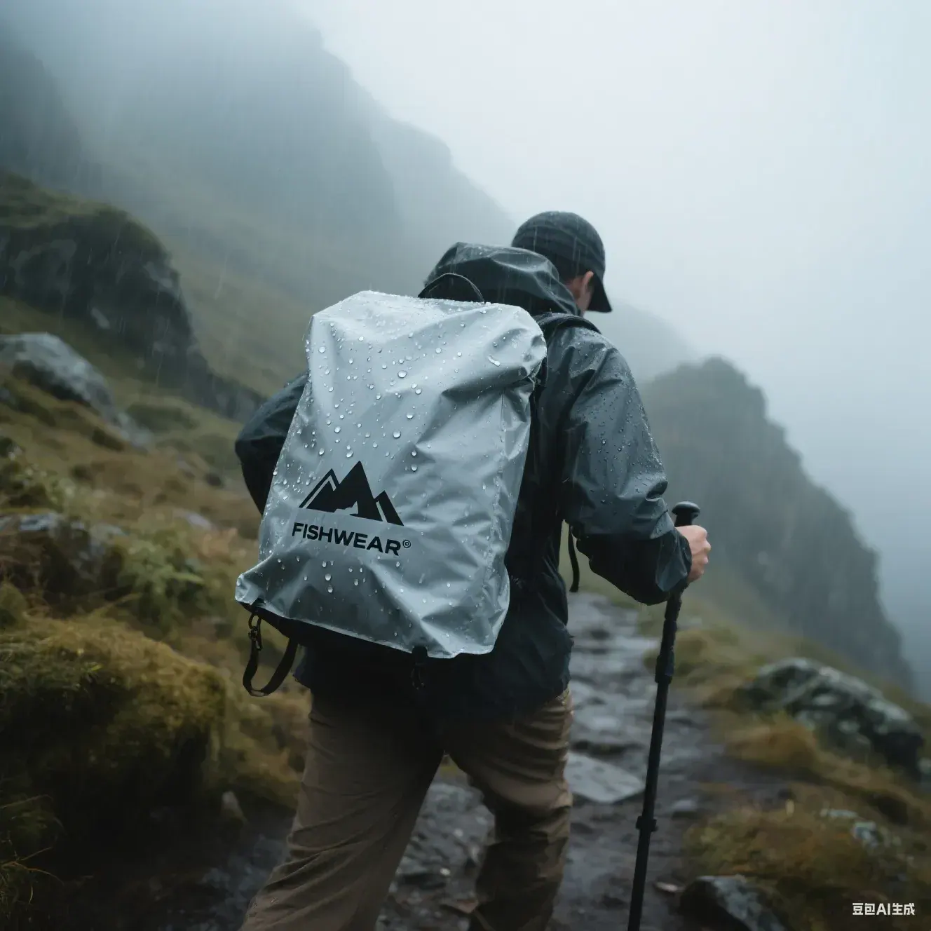 Waterproof backpack stored on an open shelf in a dark interior cupboard away from direct sunlight and heat