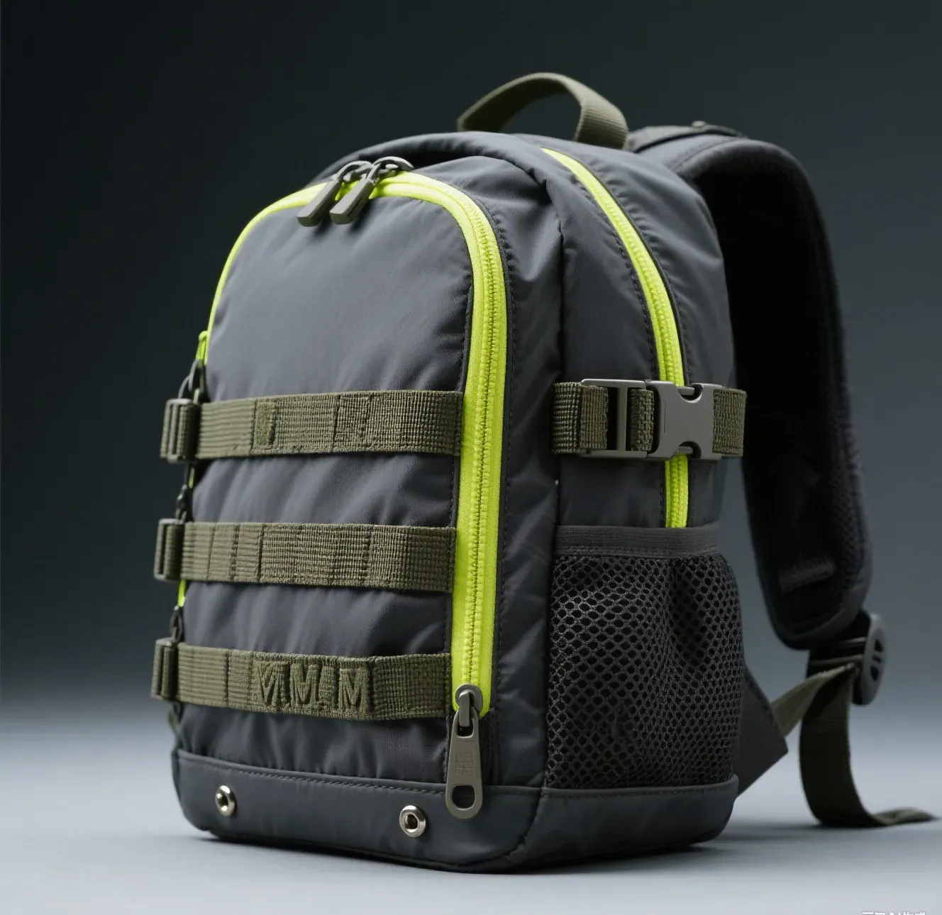 Waterproof backpack standing filled with water during a verification check after a seam repair on a covered terrace